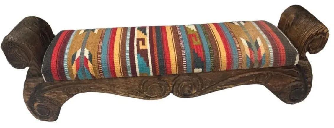 Rustic Hand Carved Mexican Wooden Bench With New Zapotec Tapestry Seat From Oaxaca - Thumbnail 7