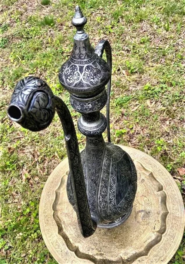 Antique Large Turkish Islamic Pewter Engraved Ewer - Early 20th Century - Thumbnail 8