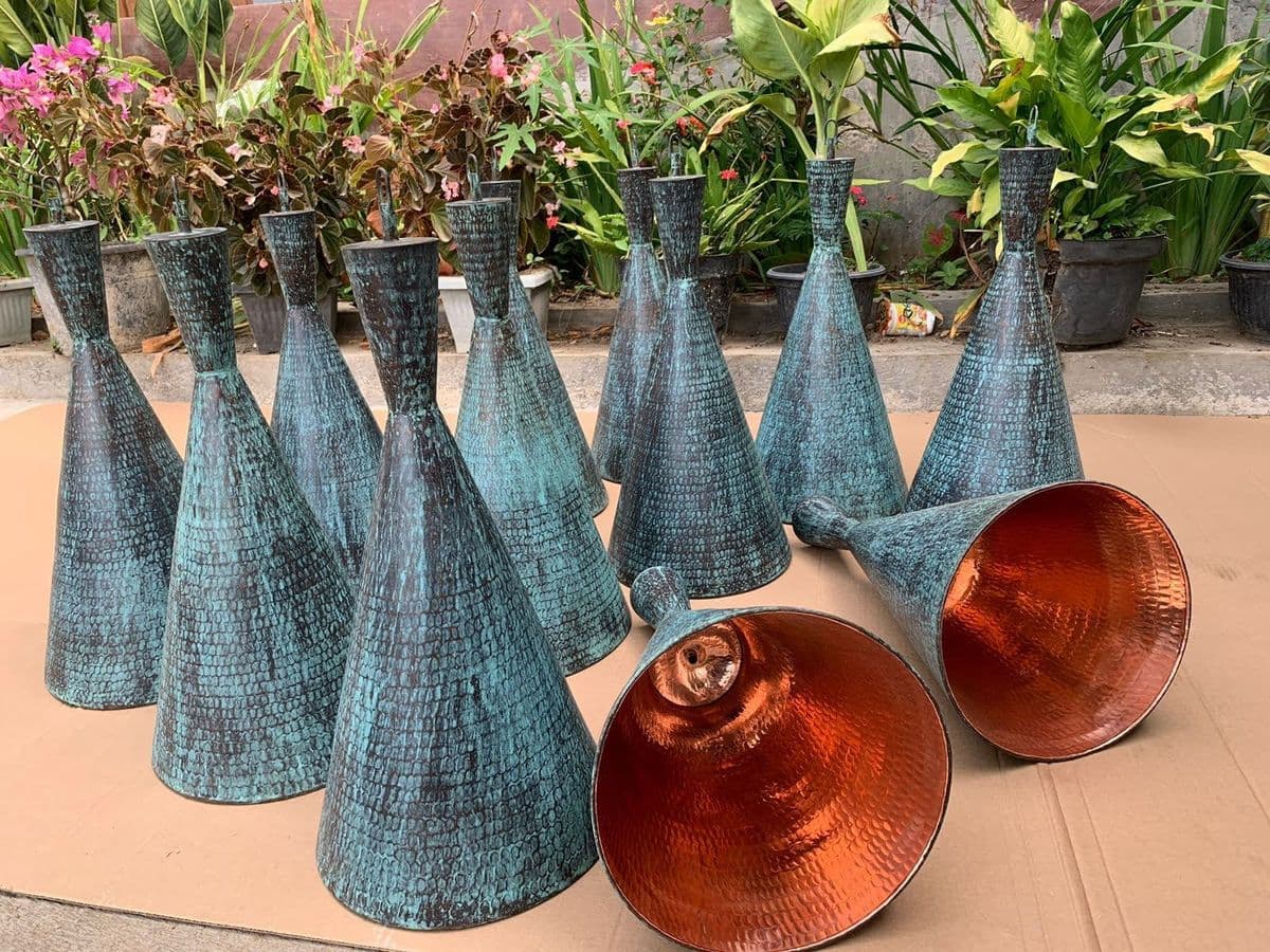 Hammered Copper Cone Verdigris Pendant Light - Thumbnail 8