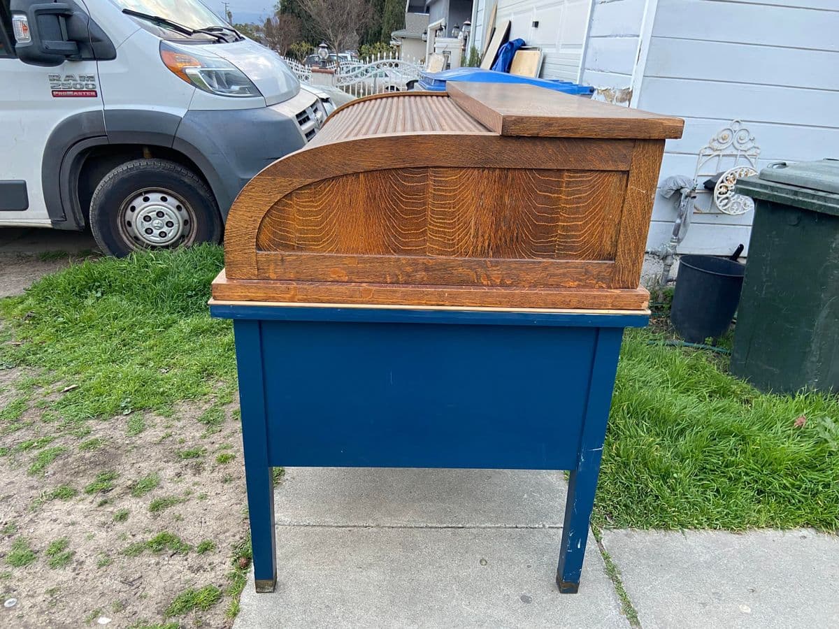 1920s Antique Tiger Oak Roll Top Metal Desk - Thumbnail 7