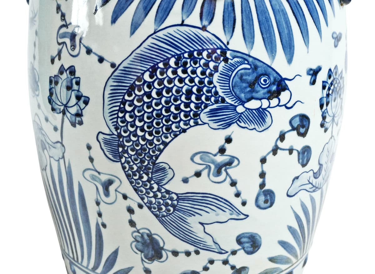 Indigo Blue Fish Floral Ceramic Stool - Thumbnail 8