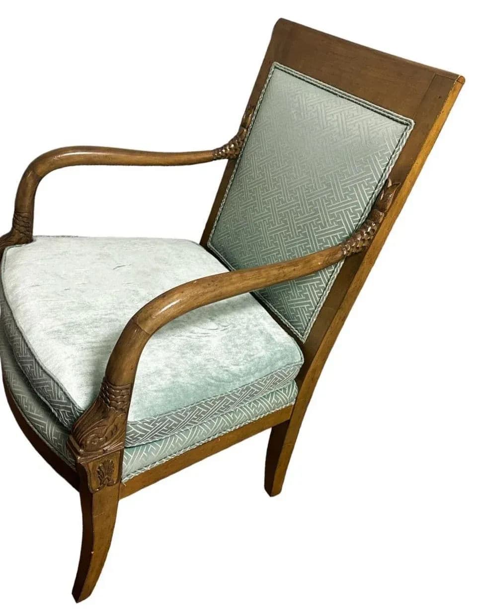 Baker Furniture Empire Style Carved Walnut Chair With Celadon Greek Key and Velvet Upholstery - Circa 1940s - Thumbnail 8