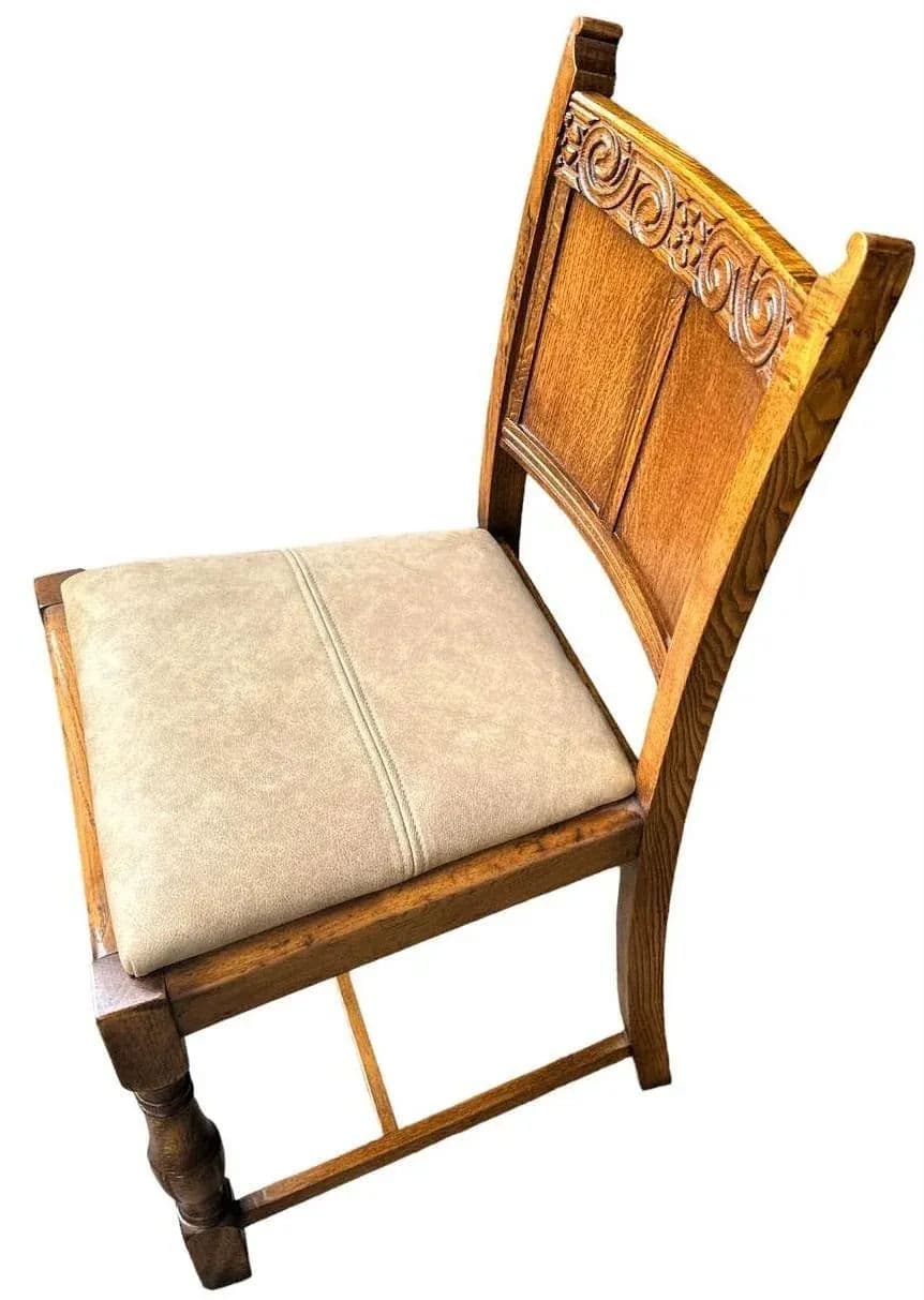 19th Century Antique English Arts & Crafts Oak Dining Chairs With New Leather Seats - Set of 6 - Thumbnail 8