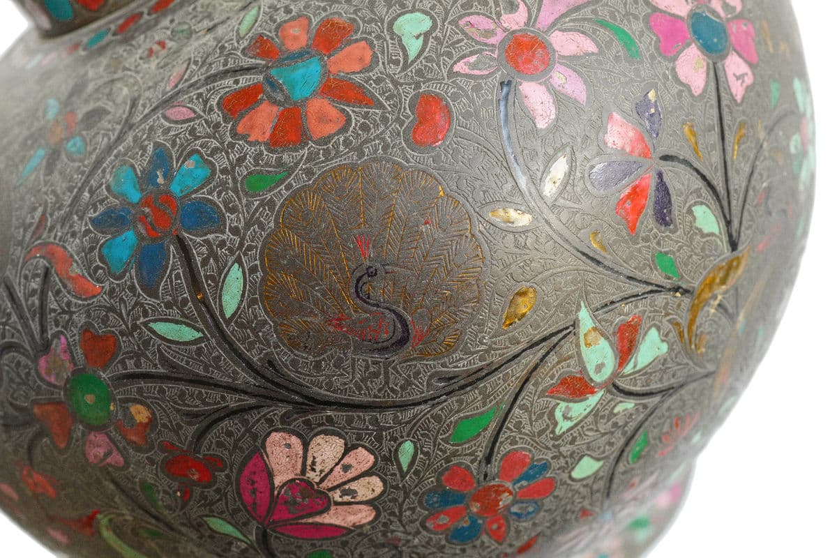 Antique Rajasthan Bronze Engraved Enamel Work Vase - Thumbnail 8