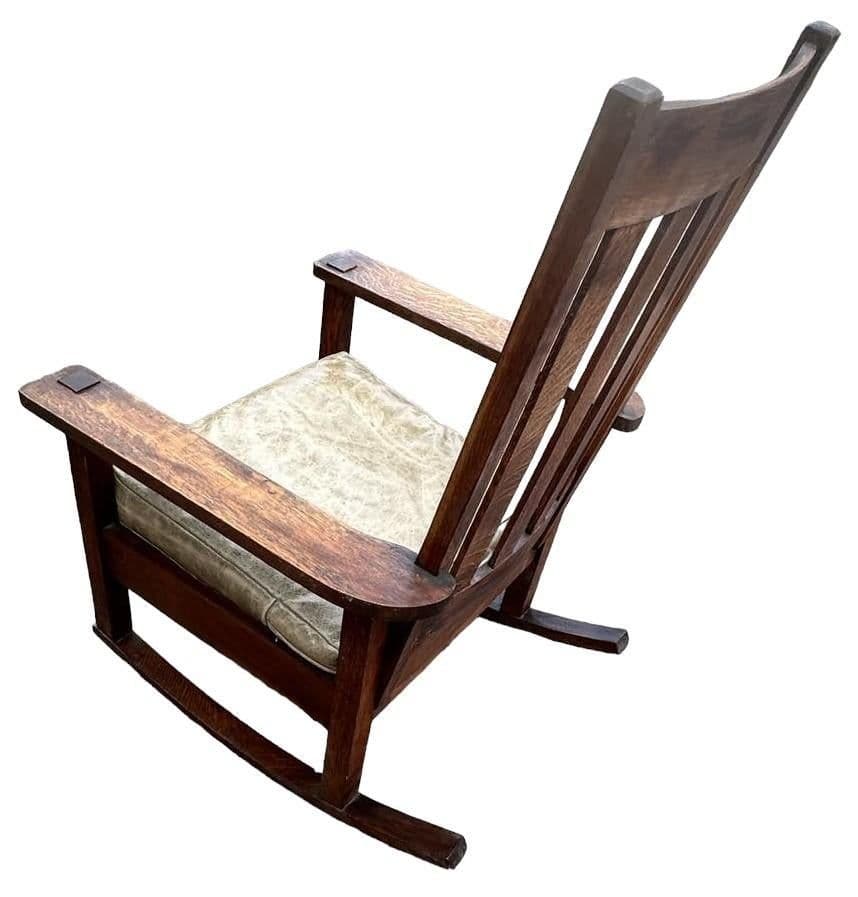Antique Stickley Brothers Grand Rapids Mission Oak Rocking Chair With New Leather Upholstery - Circa 1900 - Thumbnail 8
