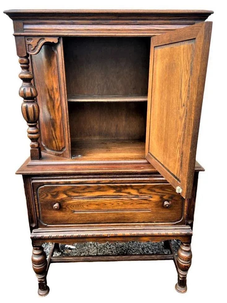 Antique Spanish Revival Solid Oak Liquor Cabinet or Linen Press - Early 20th Century - Thumbnail 8