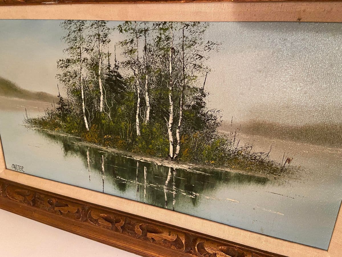 1960s Lake Scene with Trees Original Oil Painting on Canvas Signed Carter, Framed - Thumbnail 7