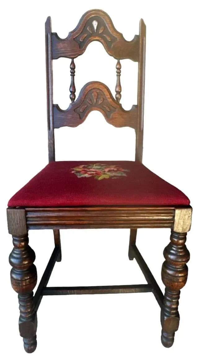Antique 1920s Spanish Revival or Jacobean Carved Oak Dining Chairs With Needlepoint Seat Upholstery - Set of 6 - Thumbnail 8
