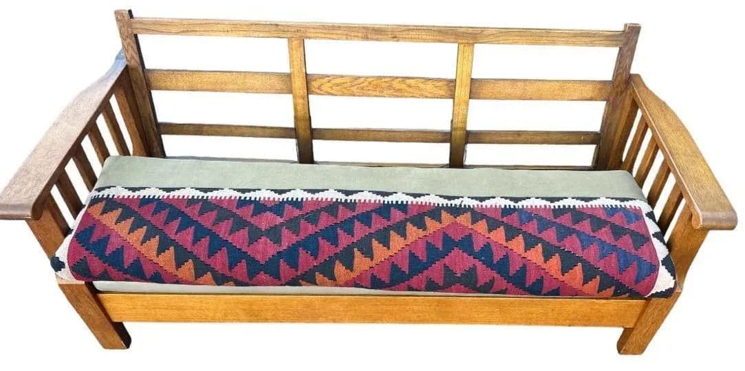 Antique Circa 1910 Oak Arts & Crafts Large 78” Settle With New Leather and Hand Made Persian Kilim Upholstered Cushions - Thumbnail 8