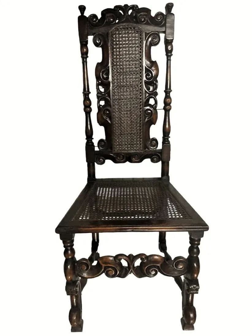 Antique Spanish Hacienda Style Accent Chair in Carved Walnut and Caning - Early 20th Century - Thumbnail 8