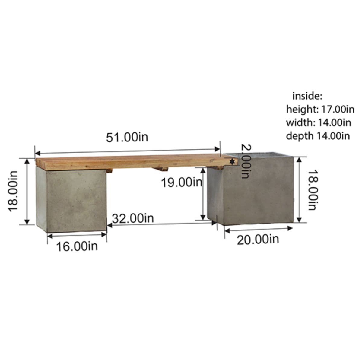Outdoor Concrete & Teak Planter Bench - Thumbnail 8