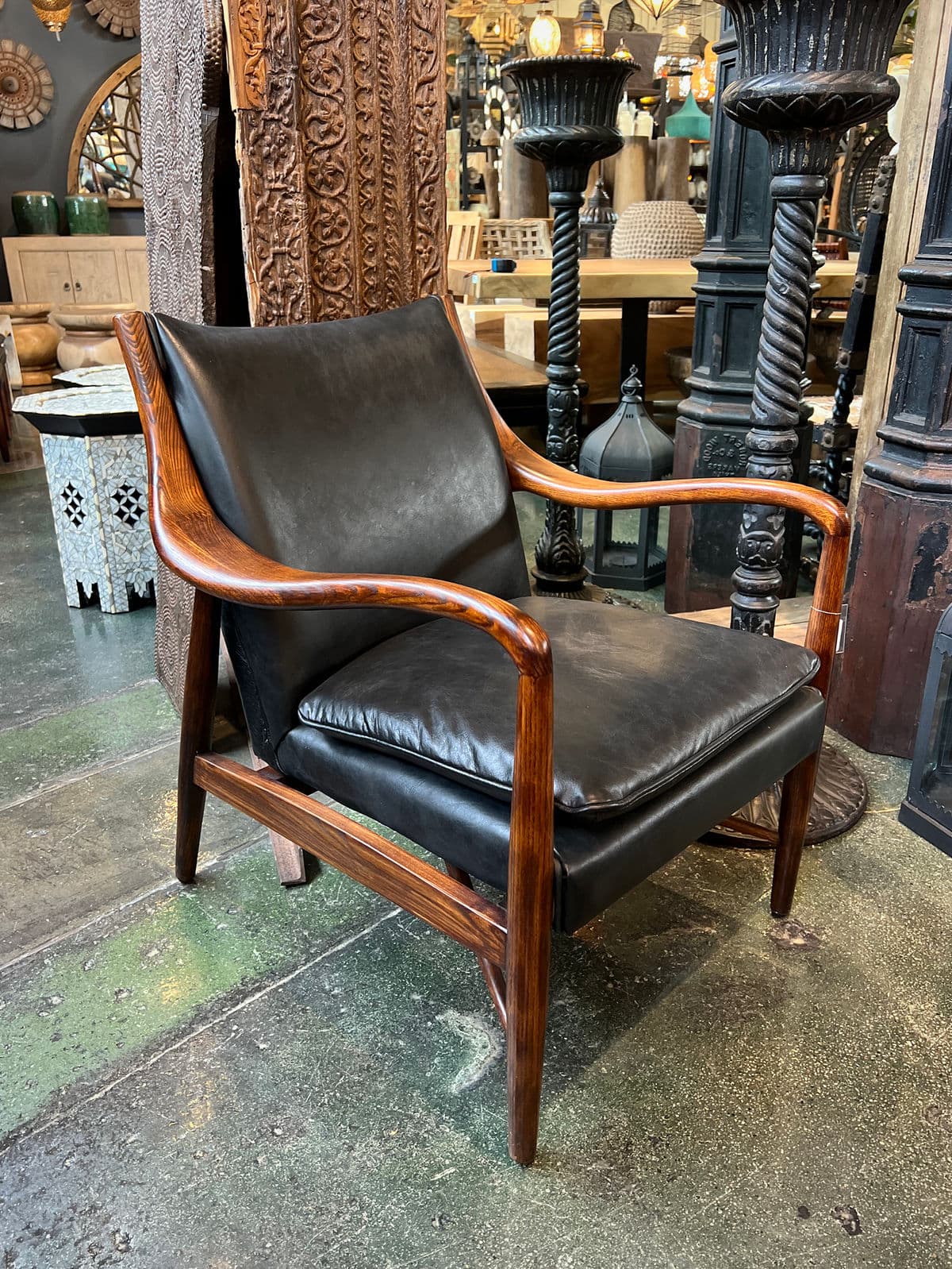 Deco Black Leather & Wood Chair - Thumbnail 8