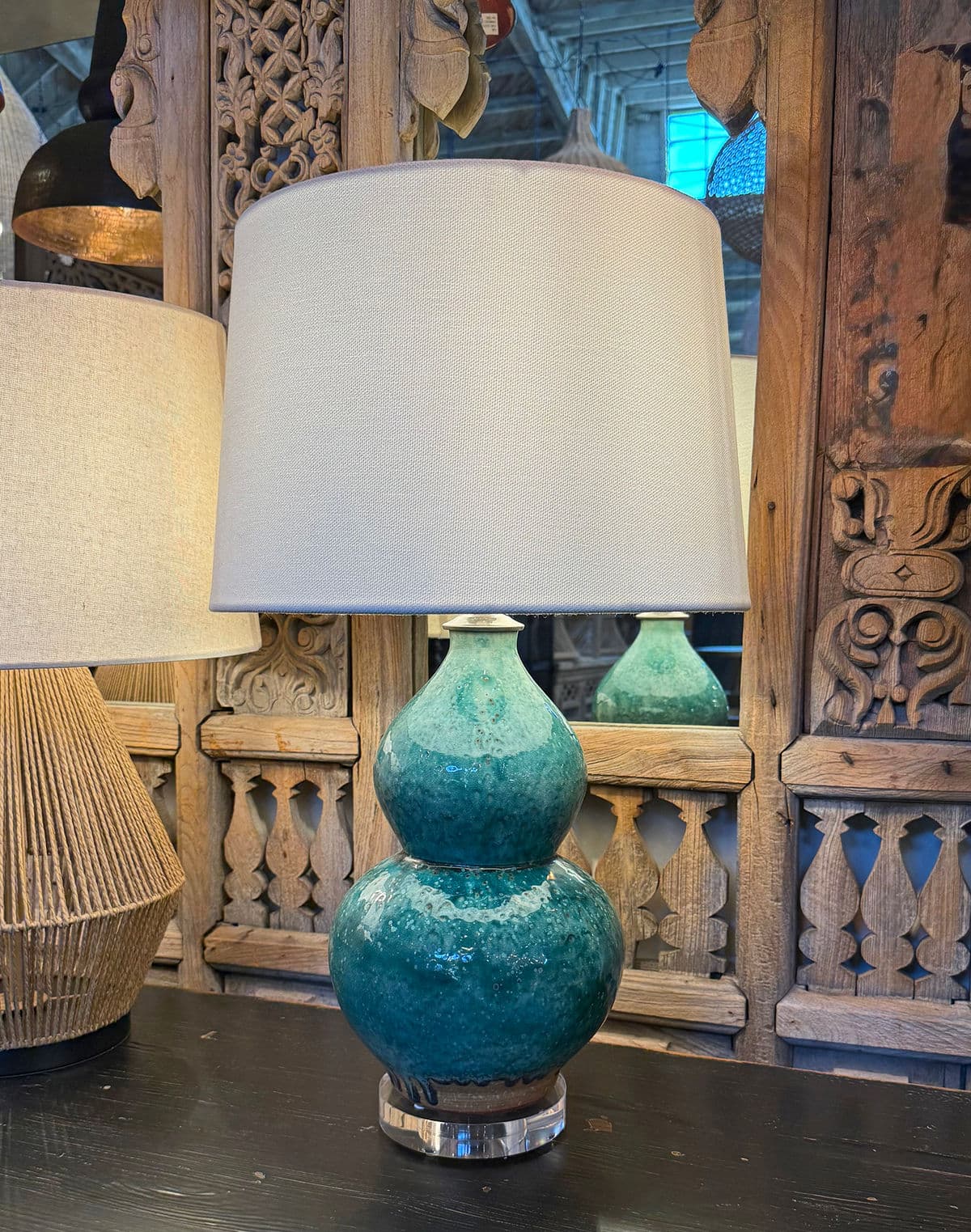 Turquoise Ceramic Gourd Table Lamp - Thumbnail 8