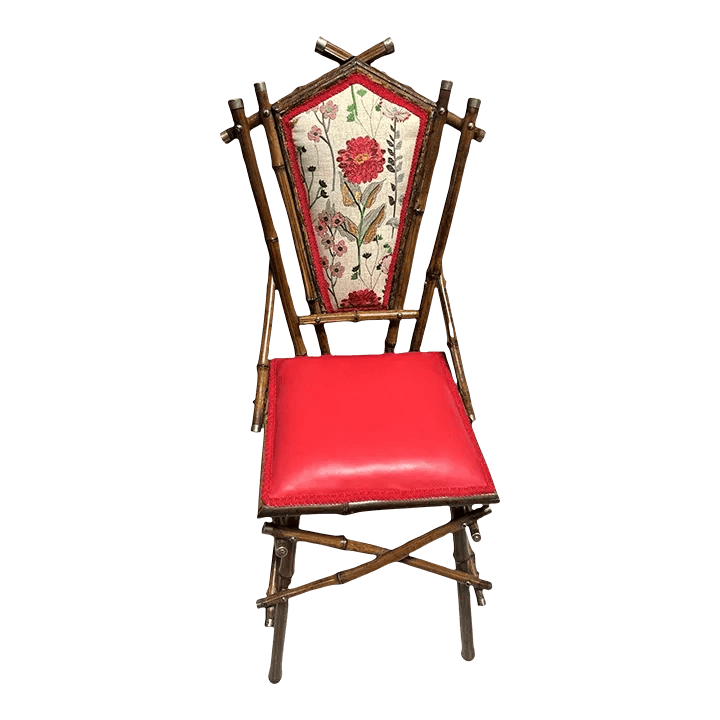 Antique Anglo-Indian Bamboo Campaign Chair With New Leather and Embroidered Upholstery - Late 19th Century - Thumbnail 8