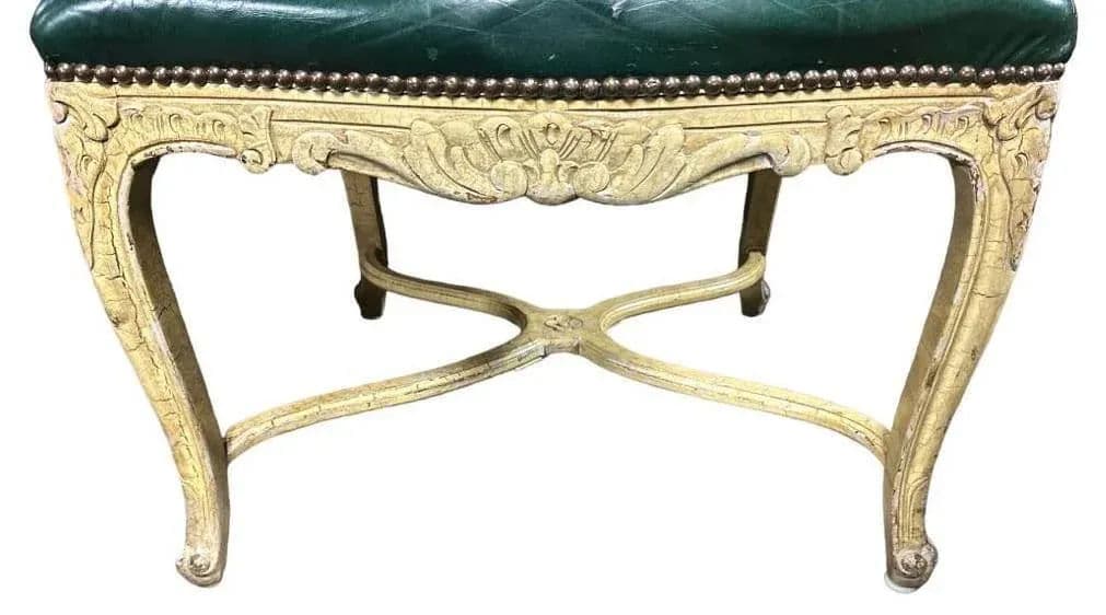 Vintage French Louis XV Fauteuils With Leather Upholstery and Distressed Finish - Late 20th Century - Thumbnail 8