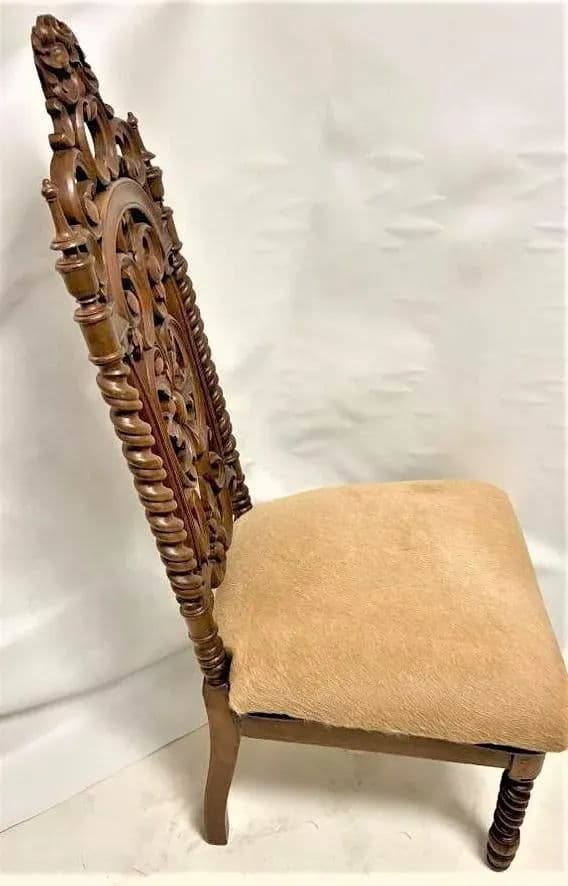 Late 19th Century Carved Rosewood Renaissance Revival Chair With Hair-On Cowhide Seat Upholstery - Thumbnail 9