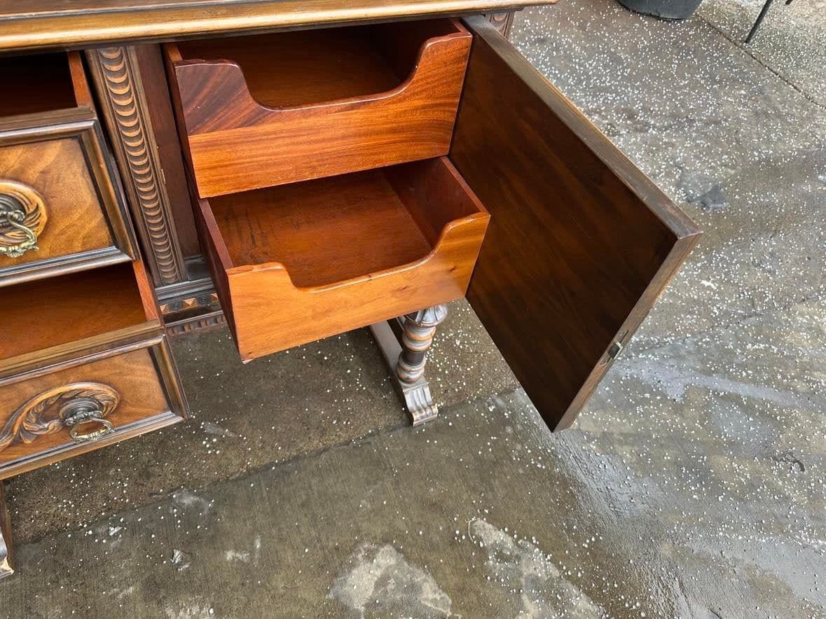 Antique Berkey & Gay Spanish Revival Ornate Walnut and Burlwood 72" Sideboard - Crafted in Grand Rapids Circa 1917 - Thumbnail 9