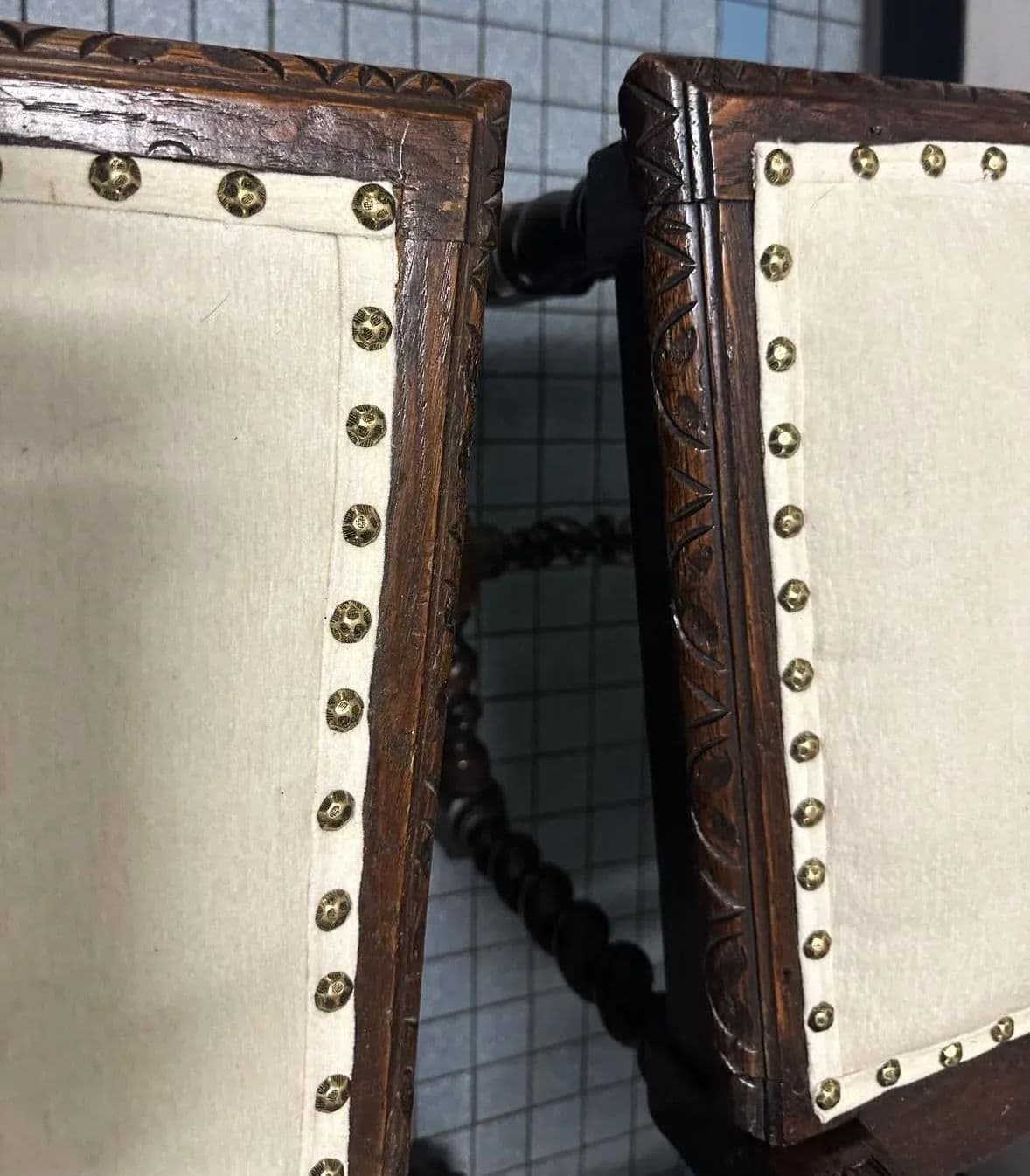 19th Century French Antique Carved Oak Dining Chairs With New Seat Upholstery - Set of 6 - Thumbnail 9