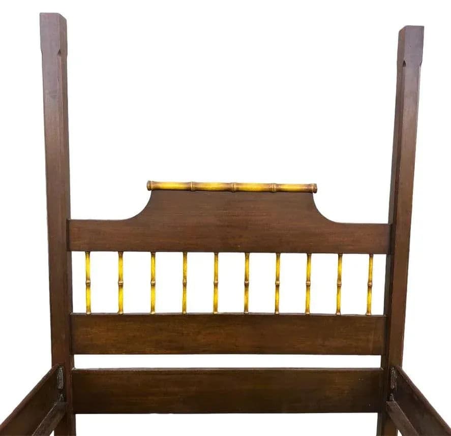 Chinoiserie Solid Teak and Faux Bamboo Queen Size Bedframe - Circa 1940 - Thumbnail 9
