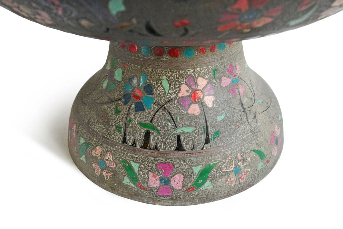 Antique Rajasthan Bronze Engraved Enamel Work Vase - Thumbnail 9