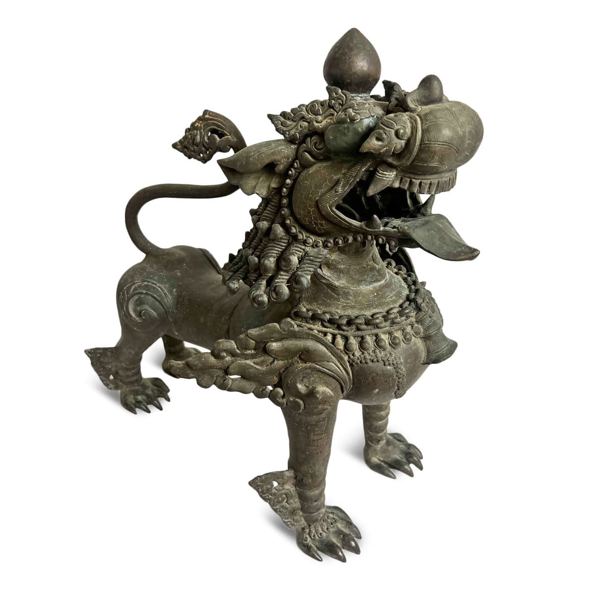 Antique Bronze Thai Singha Temple Lion Pair - Thumbnail 9