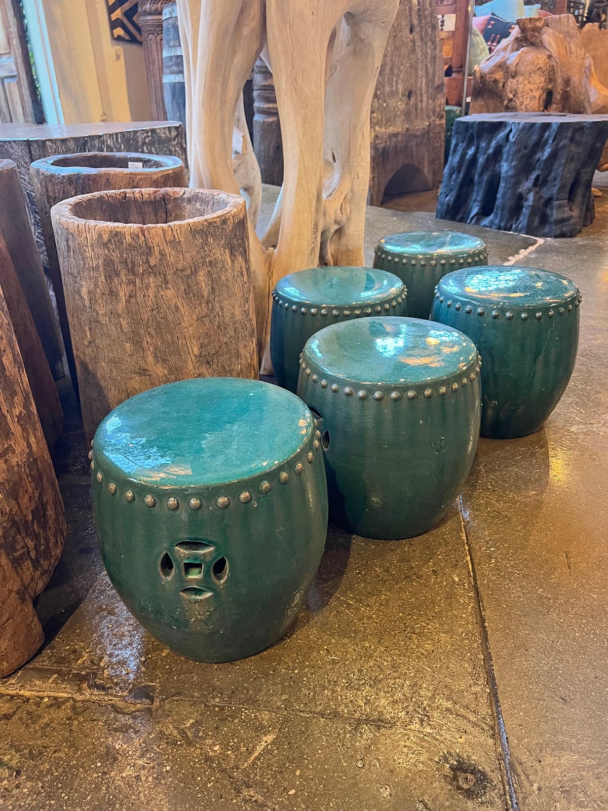 Teal Drum Ceramic Garden Stool Small - Thumbnail 9