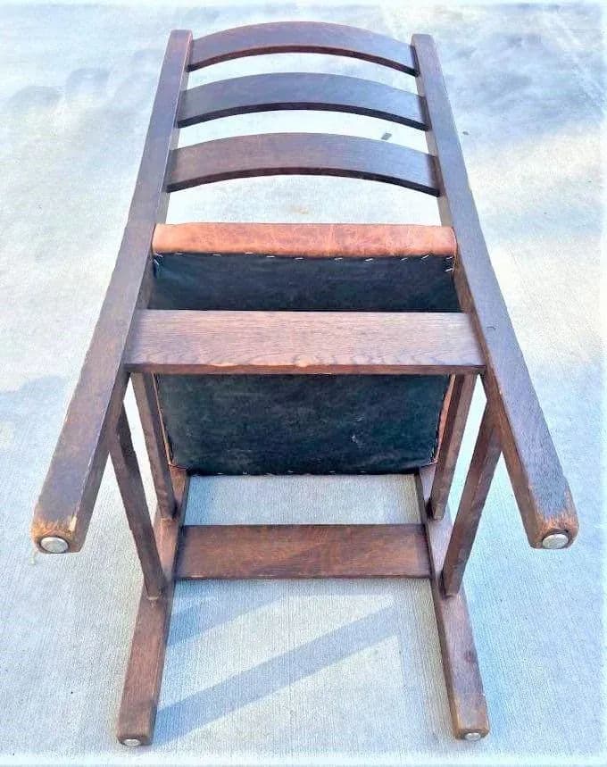 Signed Gustav Stickley Quarter Sawn Mission Oak Chair With New Leather Seat Cover - Early 20th Century - Thumbnail 10