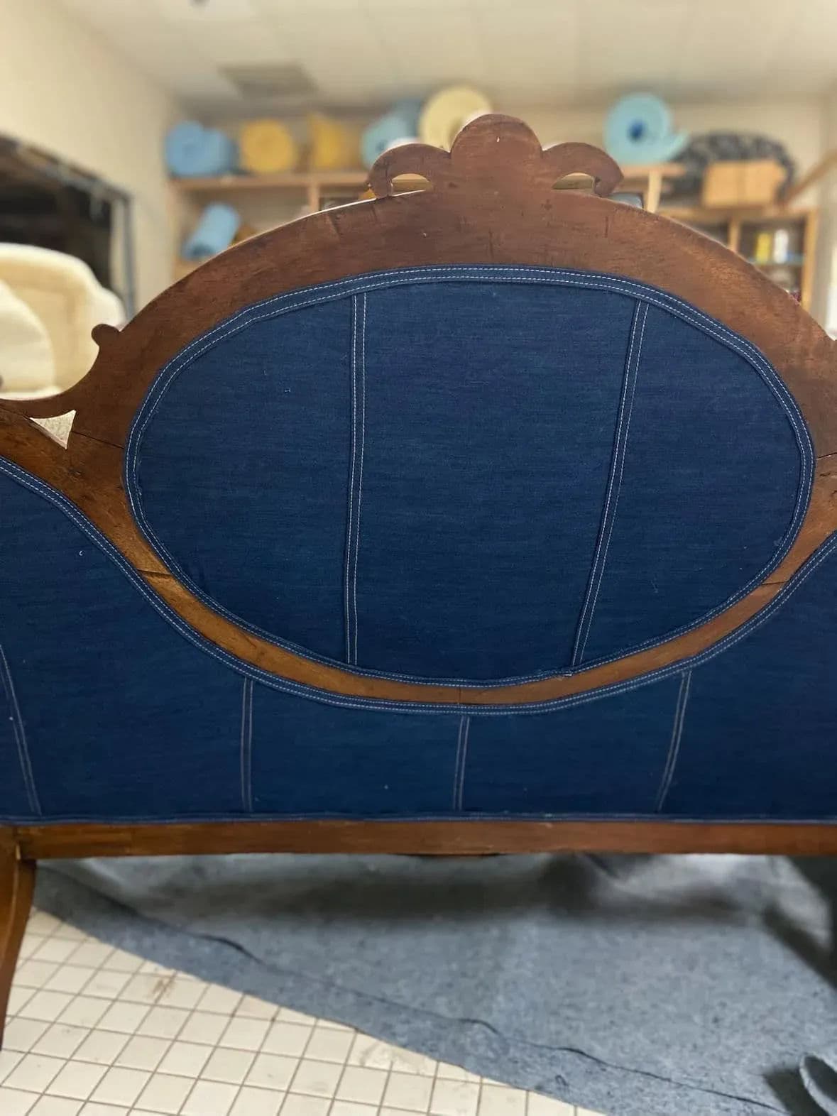 Mid 19th Century Walnut and Burlwood Parlor Medallion Sofa Reupholstered in 'New Wave' Design - Thumbnail 10