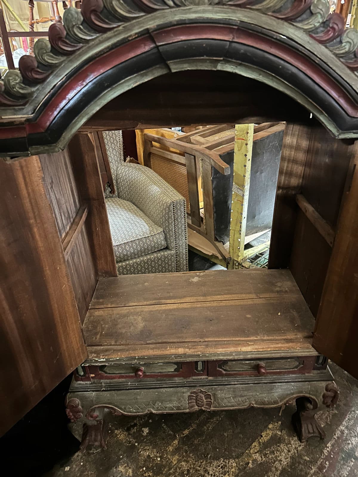 Dutch Colonial Antique 19th Century Liquor Cabinet With Bonnet Top and Ball and Claw Legs - Thumbnail 10