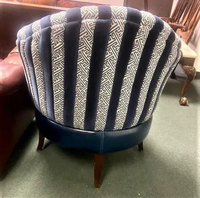 Mid 20th Century Round Accent Chair Reupholstered With Blue Velvet and Greek Key Fabric - Thumbnail 10
