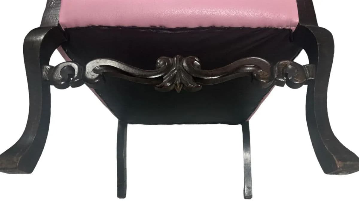 Antique Hacienda Style Chair With New Upholstery of Mauve and Rose Hand Embroidery and Leather - Thumbnail 10
