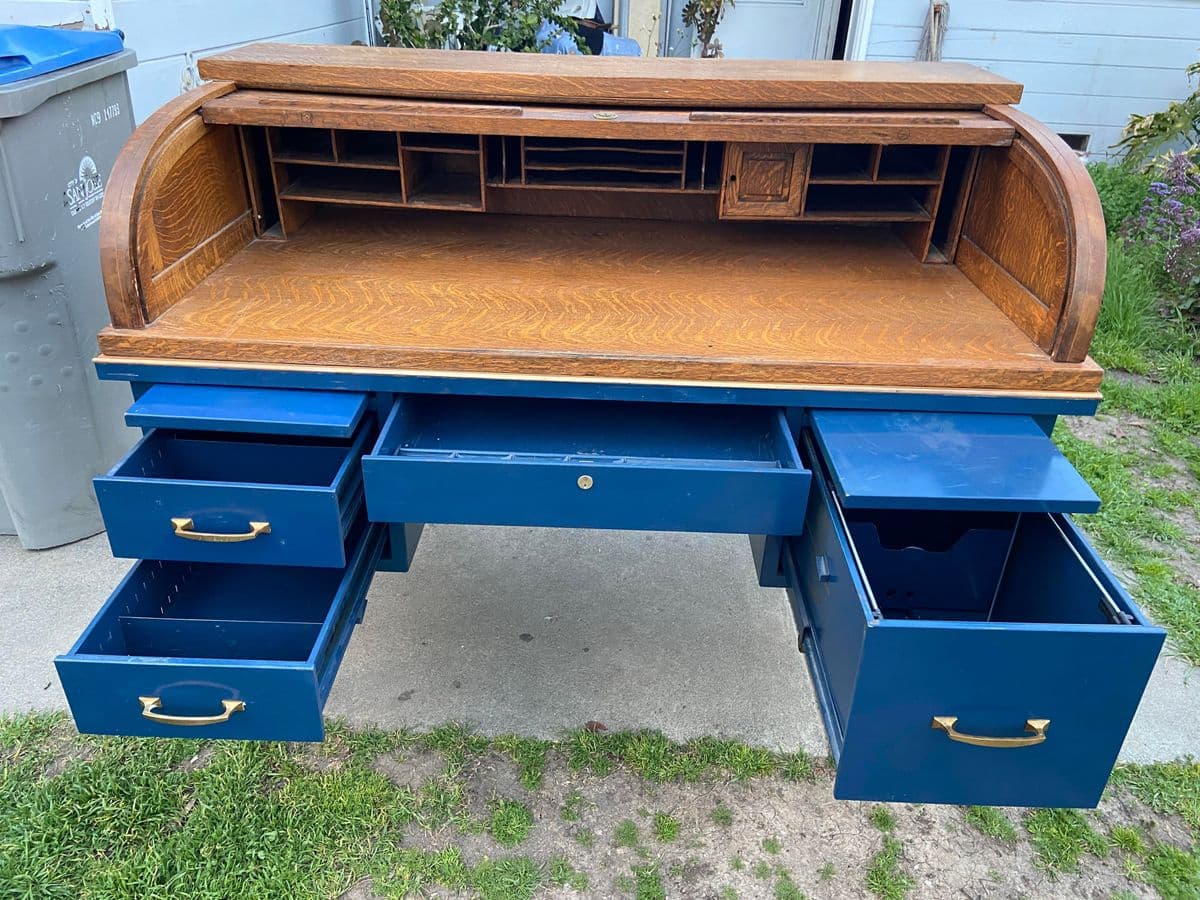 1920s Antique Tiger Oak Roll Top Metal Desk - Thumbnail 9