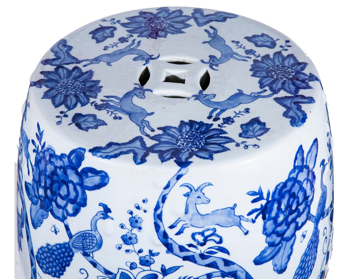 Indigo Blue Floral Bird Ceramic Stool - Thumbnail 10