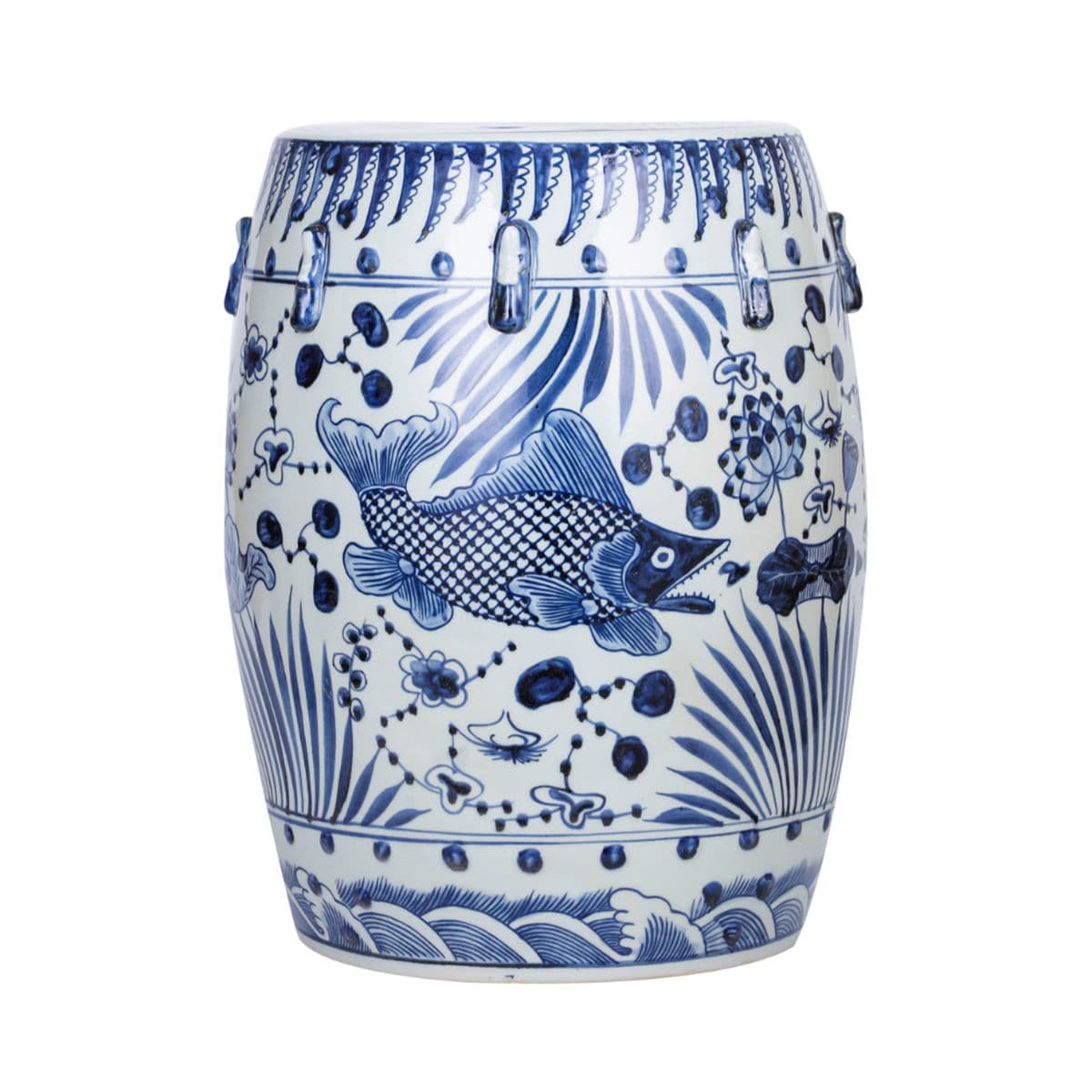 Indigo Blue Fish Floral Ceramic Stool - Thumbnail 10