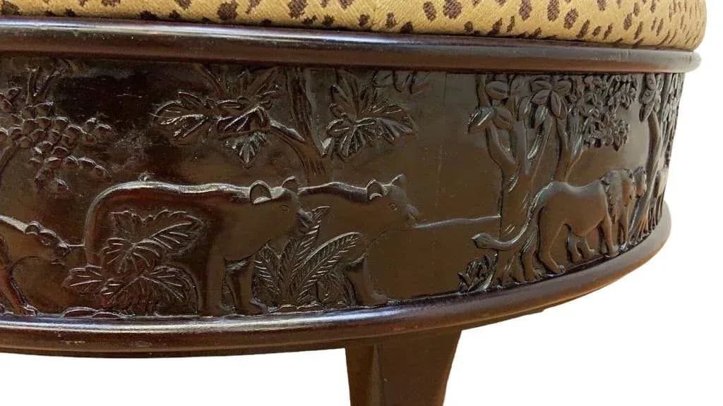 Sam Moore Safari Round Cocktail Ottoman With Carved Teakwood Frame and Cheetah Print Upholstery - Thumbnail 10