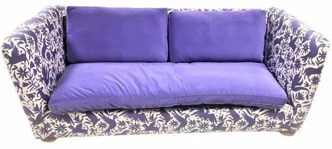 Otomi Print and Velvet Upholstery on Large Mid 20th Century Vintage Hollywood Regency Tuxedo Sofa - Thumbnail 10