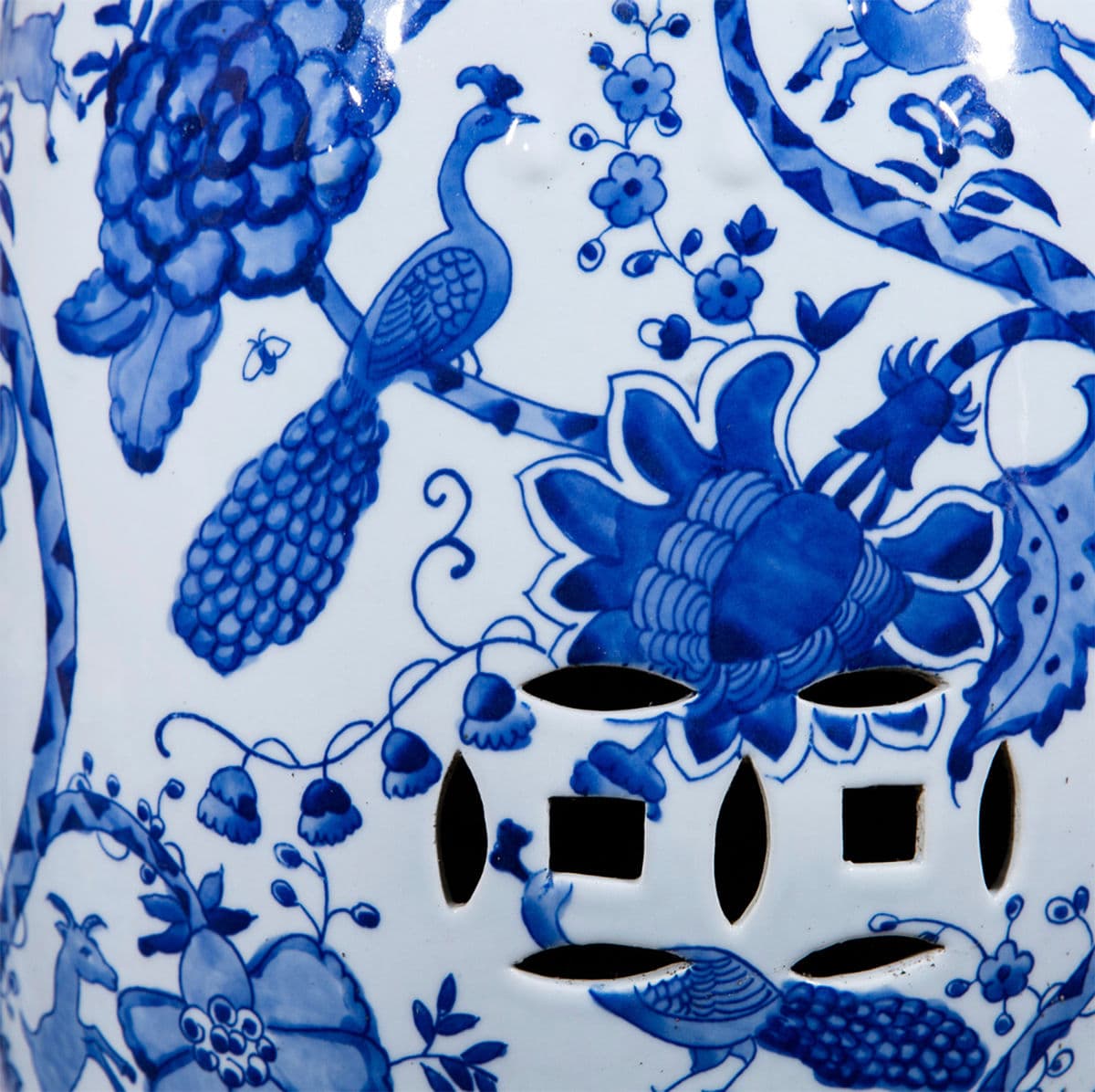 Indigo Blue Floral Bird Ceramic Stool - Thumbnail 11