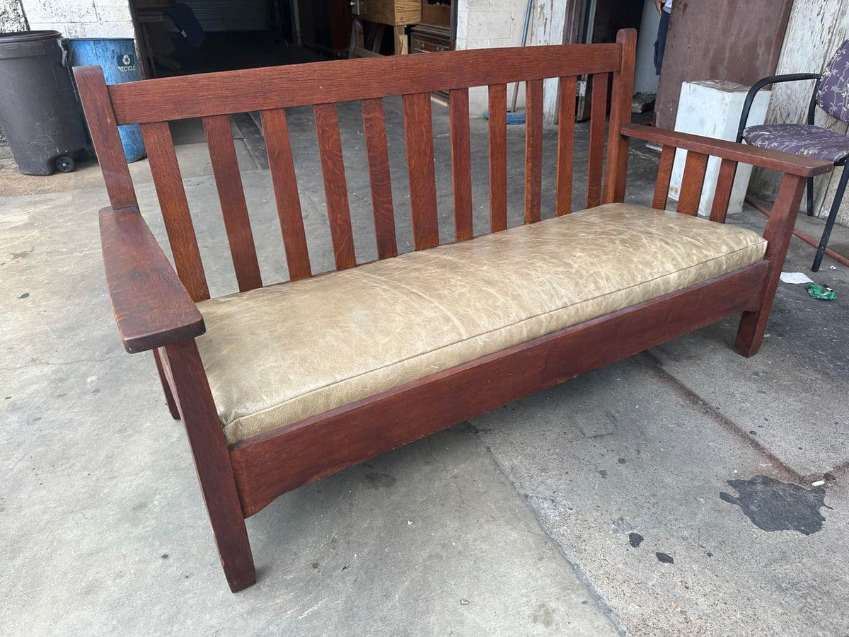 Antique Stickley Brothers Grand Rapids Mission Oak Settee With New Pullup Leather Seat Upholstery - Circa 1900 - Thumbnail 11