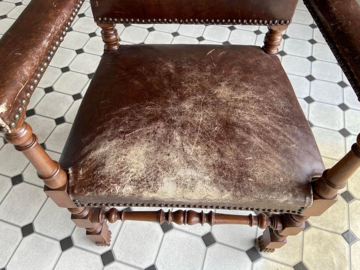 Antique High Back Carved Wood Leather Chair - Thumbnail 10