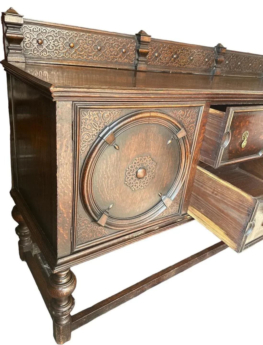 Antique 19th Century English Yorkshire Arts & Crafts Oak Sideboard or Credenza - Large 72" Wide - Thumbnail 11