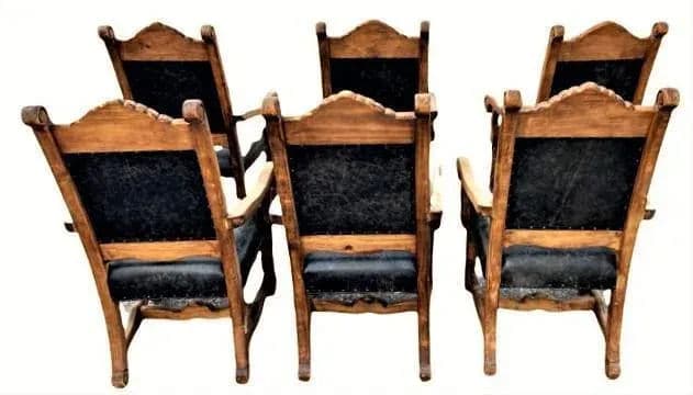 Custom Made Mexican Hacienda Chairs in Tooled Leather and Carved Wood - Set of 6 - Thumbnail 11
