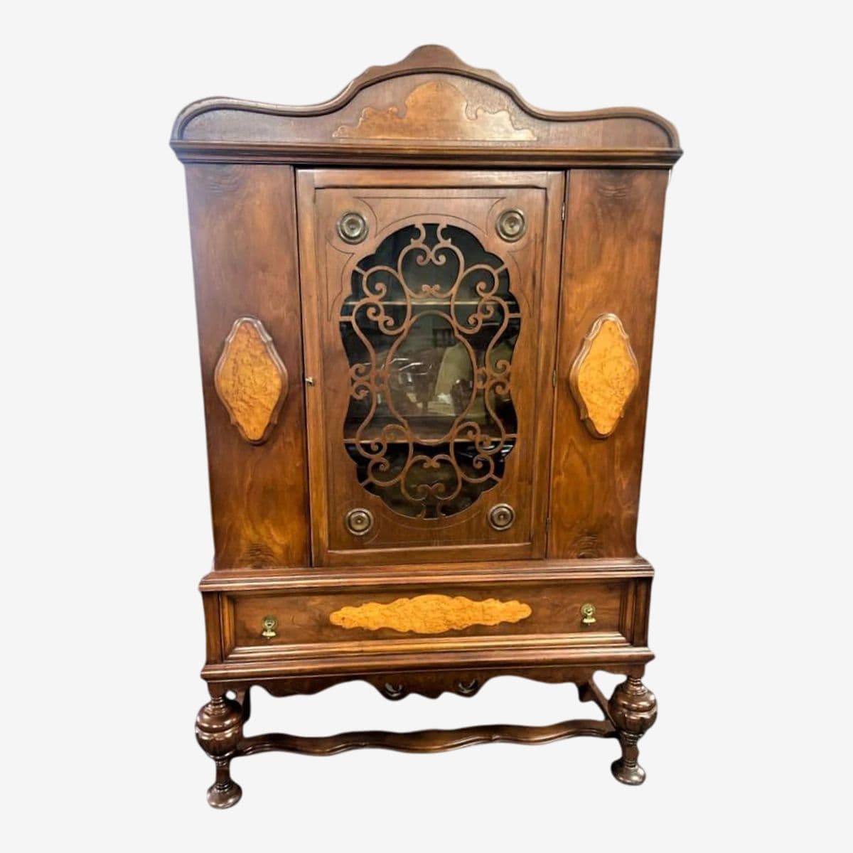 Early 20th Century Antique Spanish Revival Walnut and Burlwood China Cabinet - Image 1