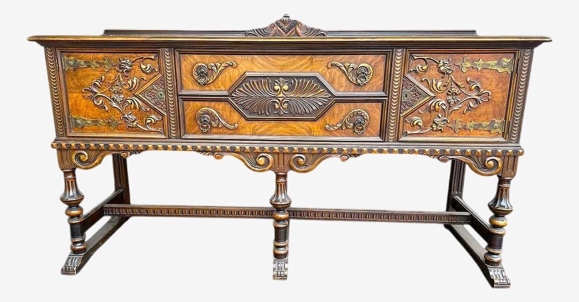 Antique Berkey & Gay Spanish Revival Ornate Walnut and Burlwood 72" Sideboard - Crafted in Grand Rapids Circa 1917 - Image 1