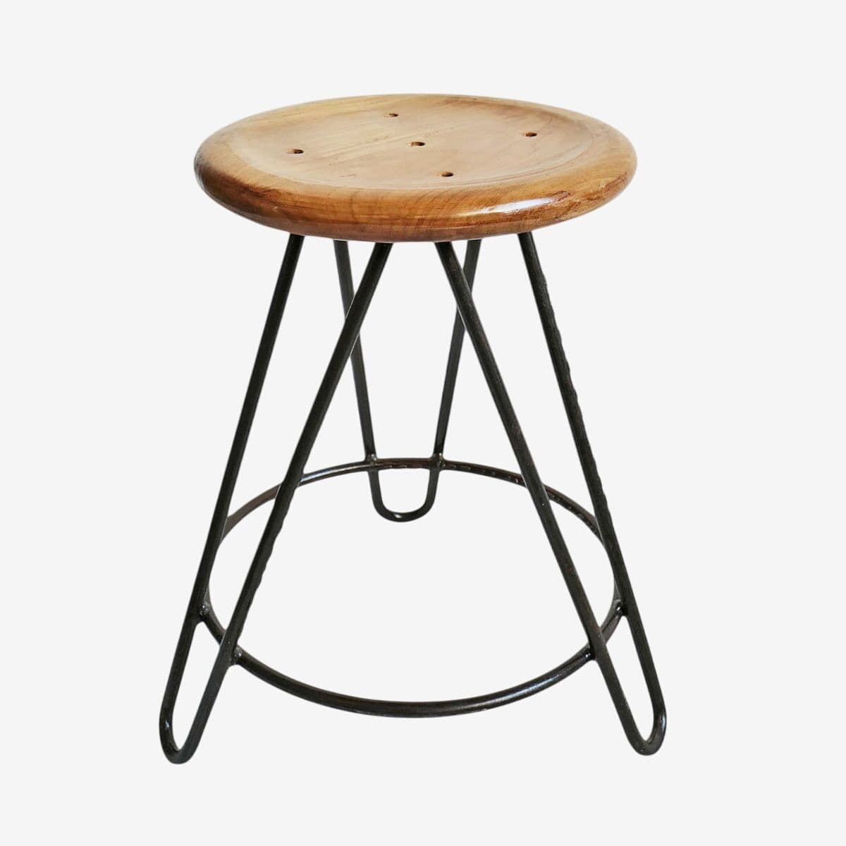 Teak Frisbee Iron Stool - Image 1