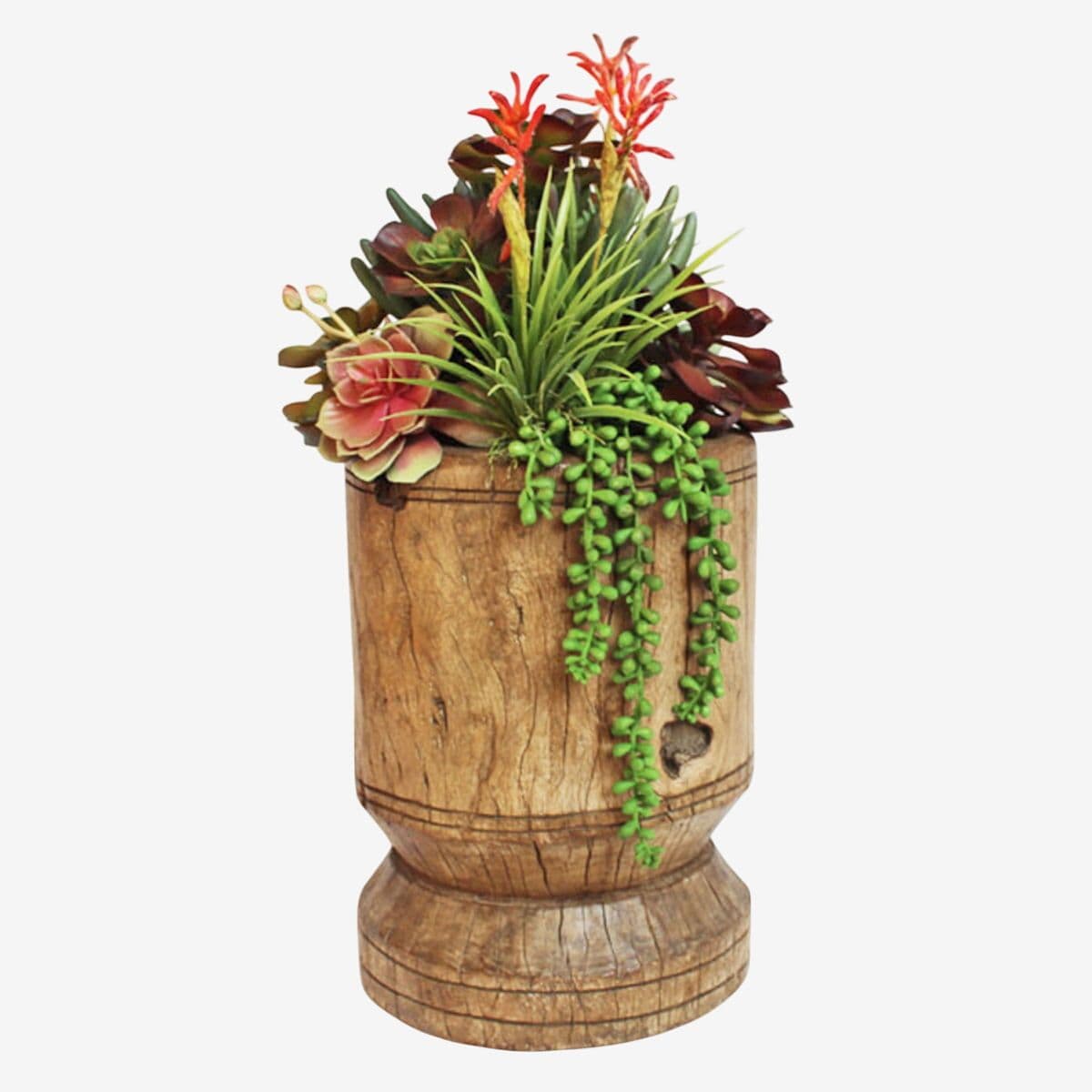 Antique Wood Pot w/ Faux Succulents - Image 1
