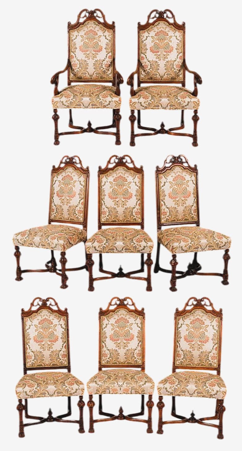 Set of Eight Antique 19th Century French Baroque Carved Walnut and Upholstery Dining Chairs - Image 1