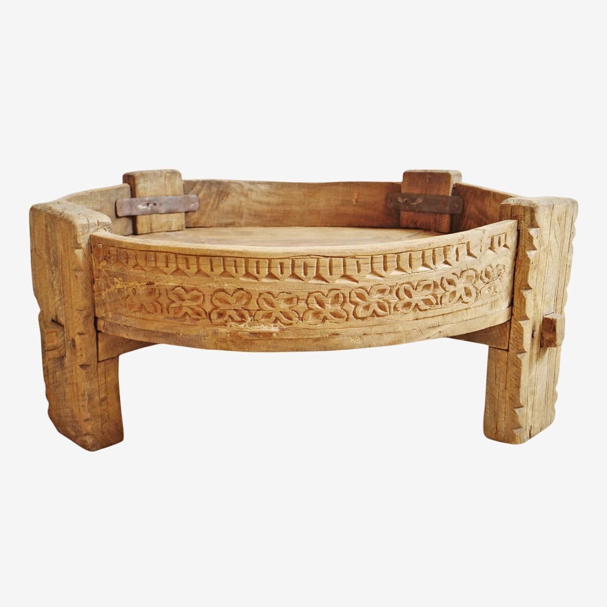 Vintage Chakki Grinder Wood Ottoman - Image 1