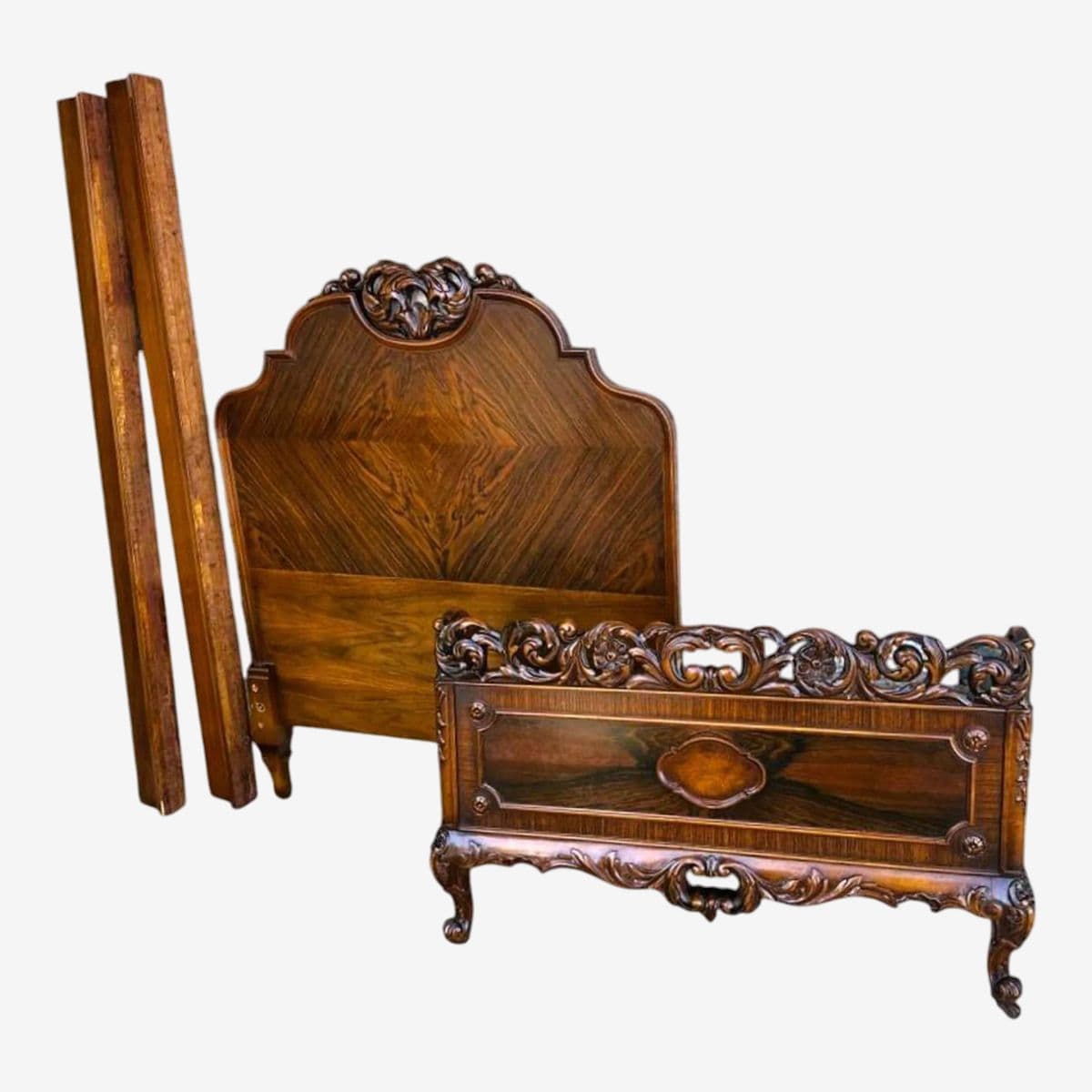 Antique Rococo Heavily Carved Burlwood and Walnut Bed Attributed to Kindel Grand Rapids - Twin Size - Circa 1910 - Image 1