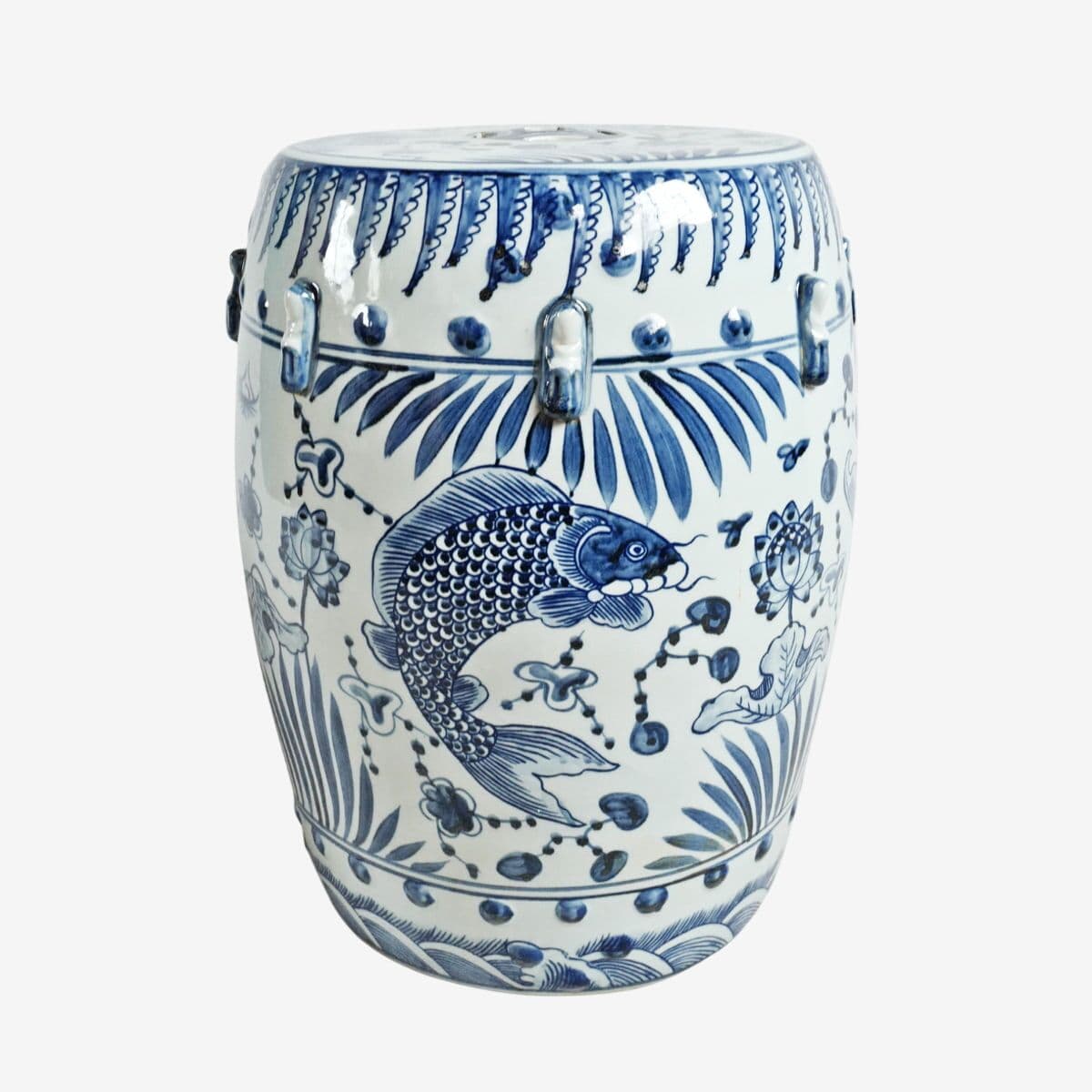Indigo Blue Fish Floral Ceramic Stool - Image 1