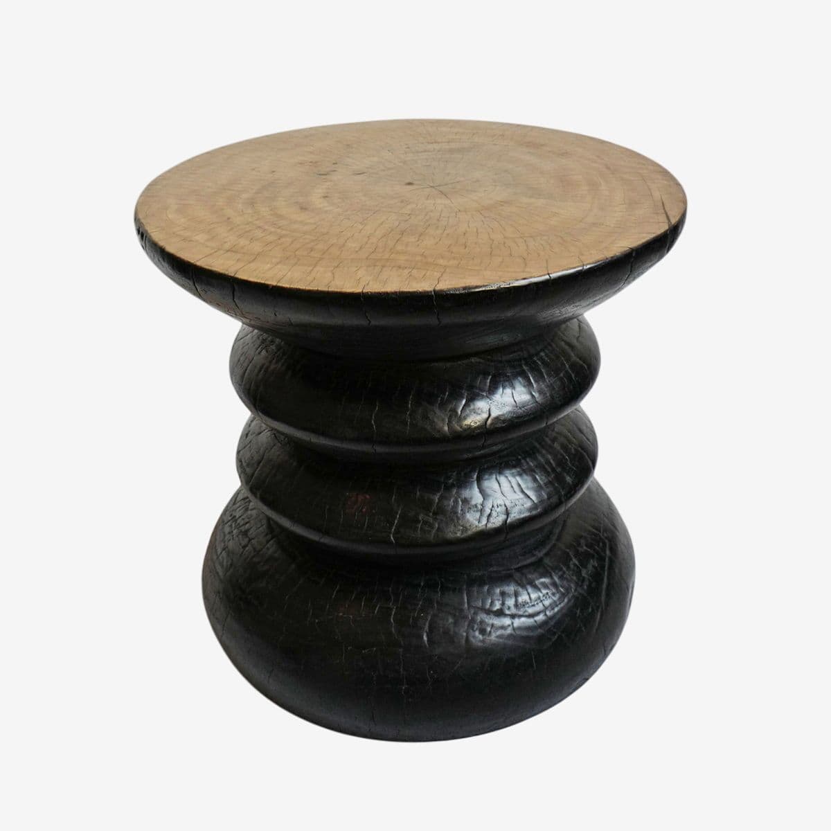 Black & Tan Solid Wood Ribbed Side Table/Stool - Image 1